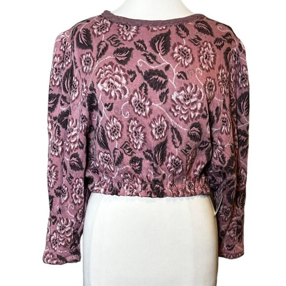 FREE PEOPLE No Ordinary Top Floral Jacquard Puff Sleeve Open Back Crop Sweater - Picture 3 of 9